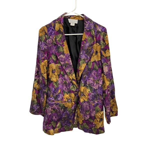 Vintage 80s Studio C Floral Satin Brocade Blazer Jacket Size M - Picture 1 of 6